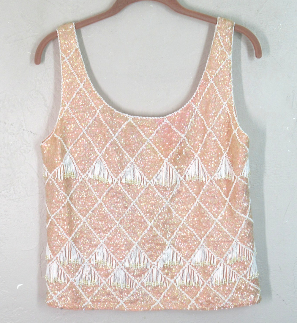 Vtg Jo-Ro Import Top L Pink Sequin Seed Bead Fringe Evening Argyle Lined Zip